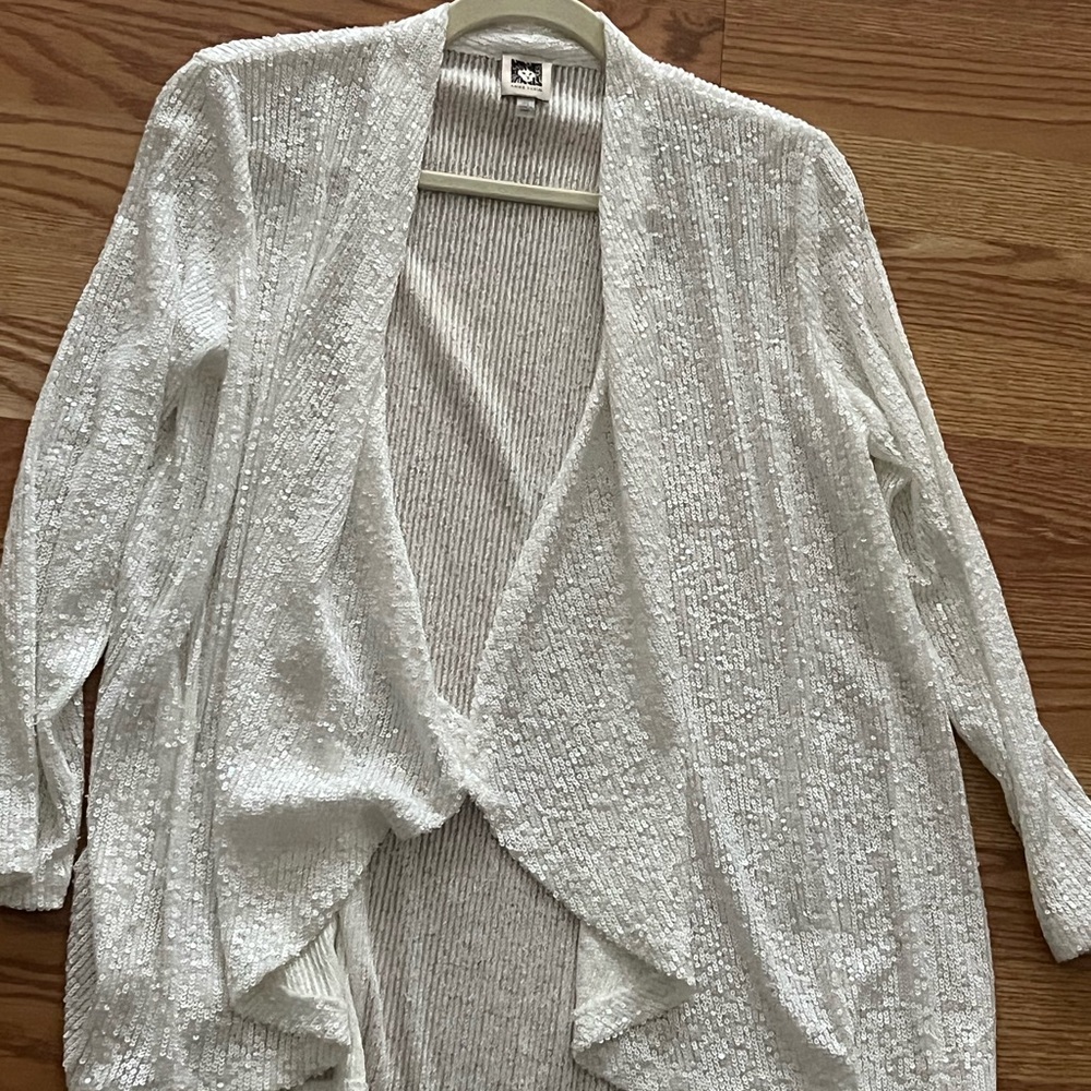 Anne Klein White Sequin Open-Front Draped Cardigan